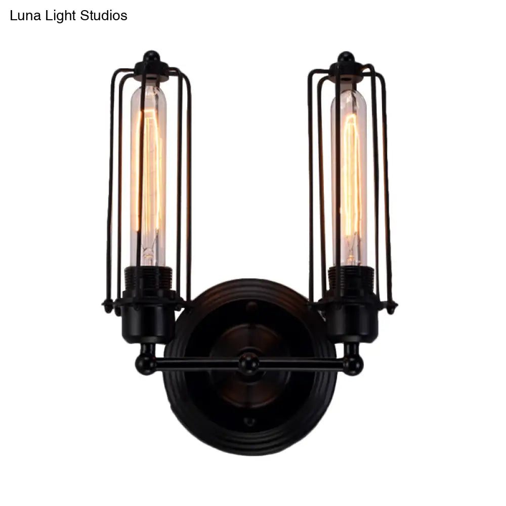 Industrial Black/Rust Metal Wall Sconce With Linear Cage Design For Living Room