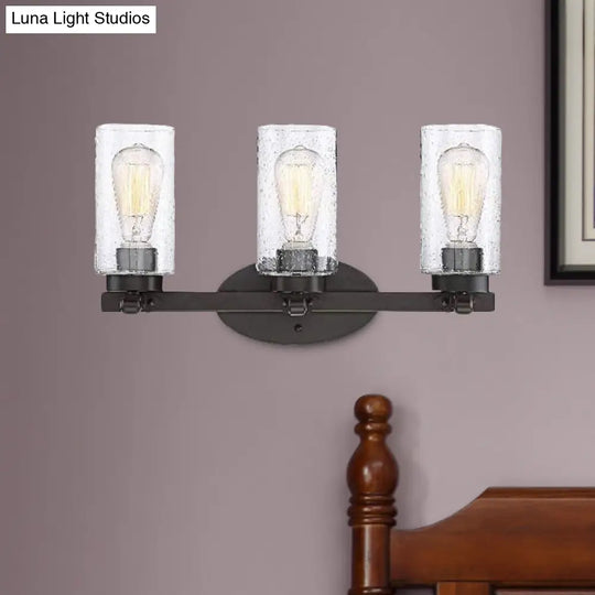 Industrial Black Seeded Glass Sconce Light Fixture - 3-Bulb Cylinder Wall Lamp For Dining Room In