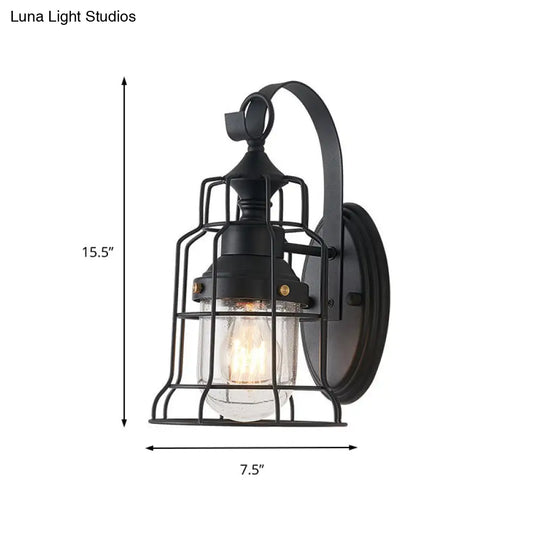 Industrial Black Seedy Glass Wall Sconce With Metal Cage Frame And Bell Shade For Corridor Lighting