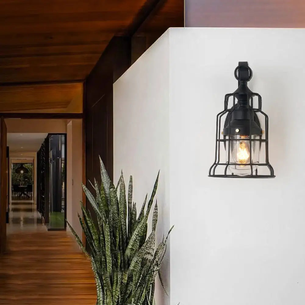 Industrial Black Seedy Glass Wall Sconce With Metal Cage Frame And Bell Shade For Corridor Lighting