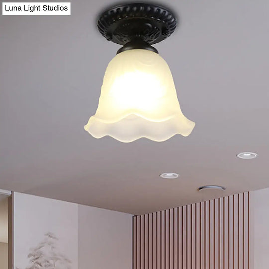 Industrial Black Semi Flush Ceiling Light With Milky Glass Shade – Perfect For Gallery