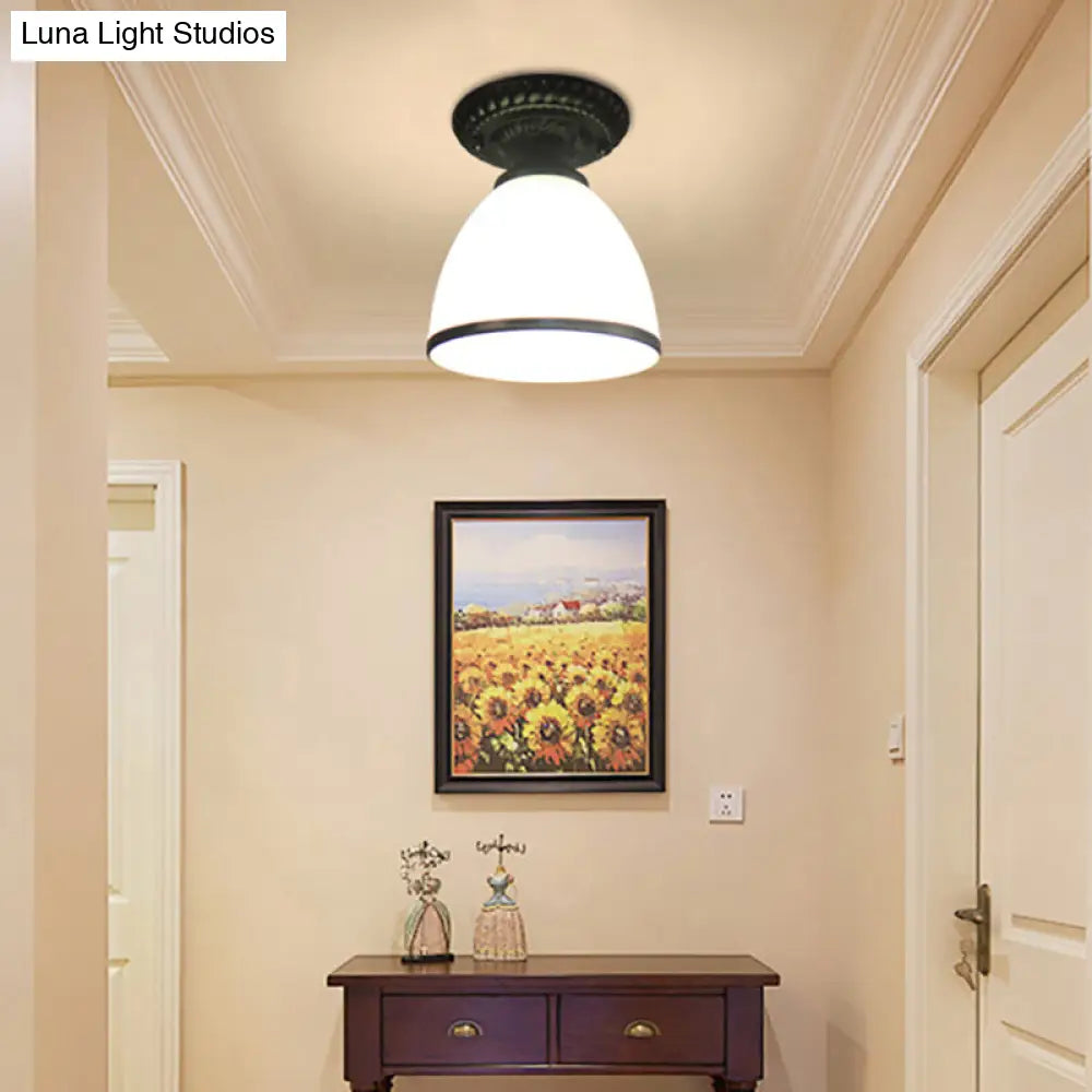 Industrial Black Semi Flush Ceiling Light With Milky Glass Shade Perfect For Gallery White / Dome