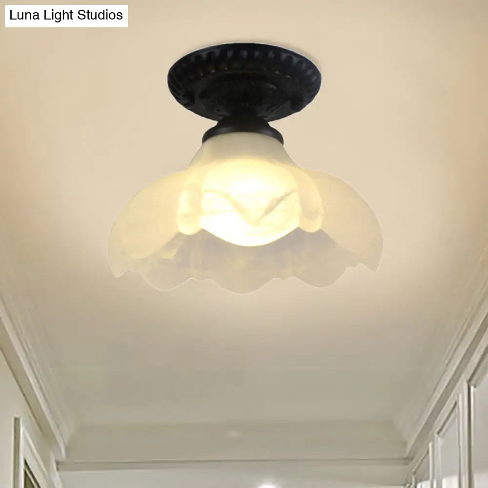 Industrial Black Semi Flush Ceiling Light With Milky Glass Shade – Perfect For Gallery