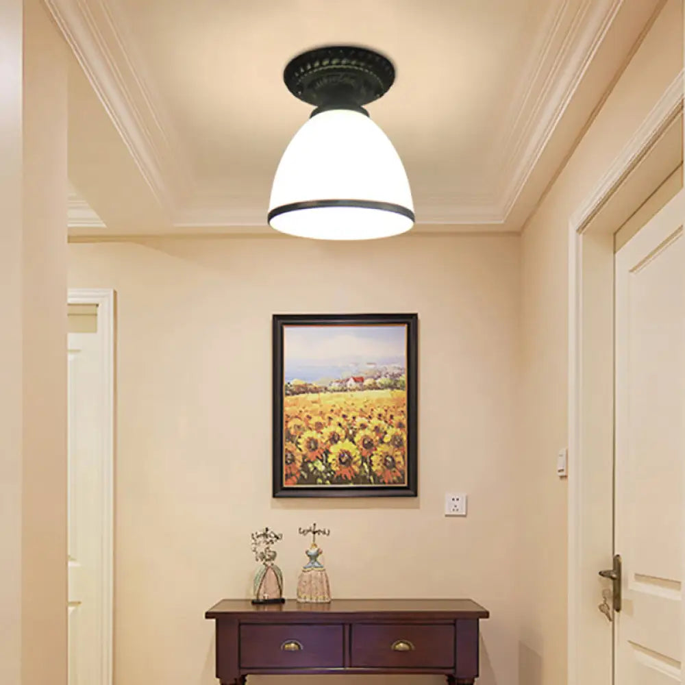 Industrial Black Semi Flush Ceiling Light With Milky Glass Shade – Perfect For Gallery White / Dome