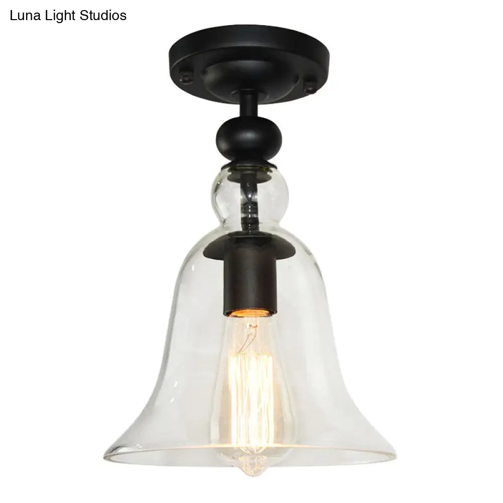Industrial Black Semi Flush Mount Ceiling Light With Clear Glass Bell Shade For Living Room