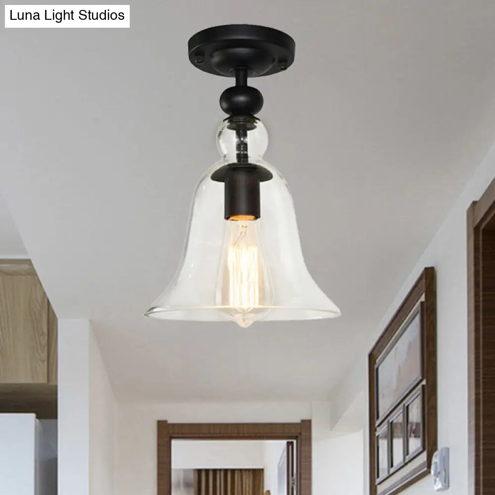 Industrial Black Semi Flush Mount Ceiling Light With Clear Glass Bell Shade For Living Room