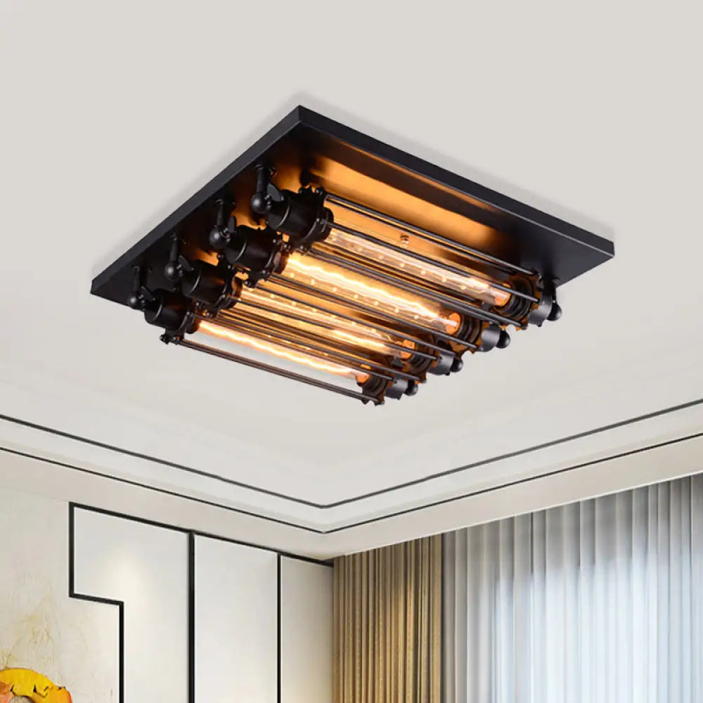 Industrial Black Square Ceiling Flush Mount Lamp With Clear Glass Tube - Perfect For Corridors 4 -
