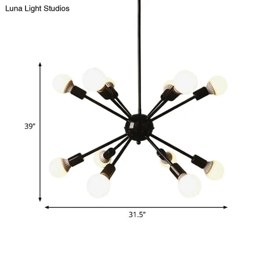 Industrial Black Starburst Chandelier Lighting - 12 Bulb Ceiling Light For Restaurants With