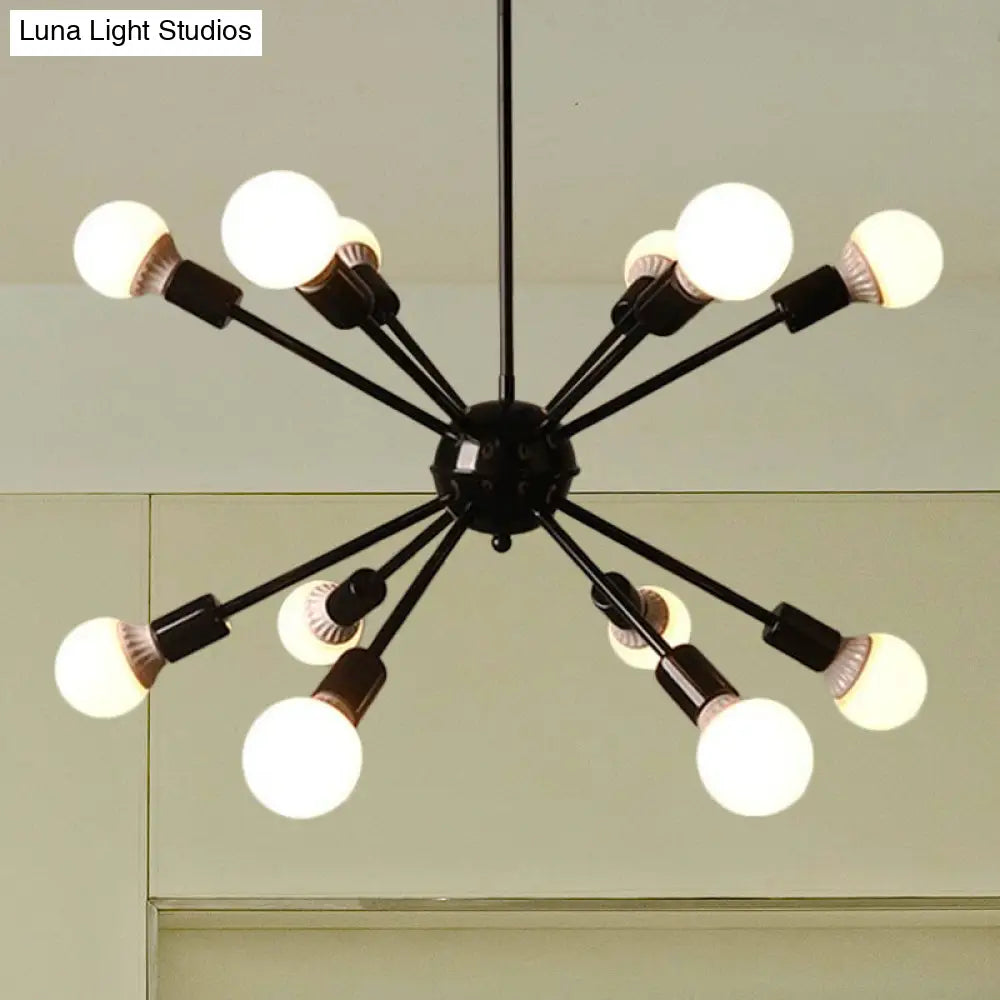 Industrial Black Starburst Chandelier Lighting - 12 Bulb Ceiling Light For Restaurants With