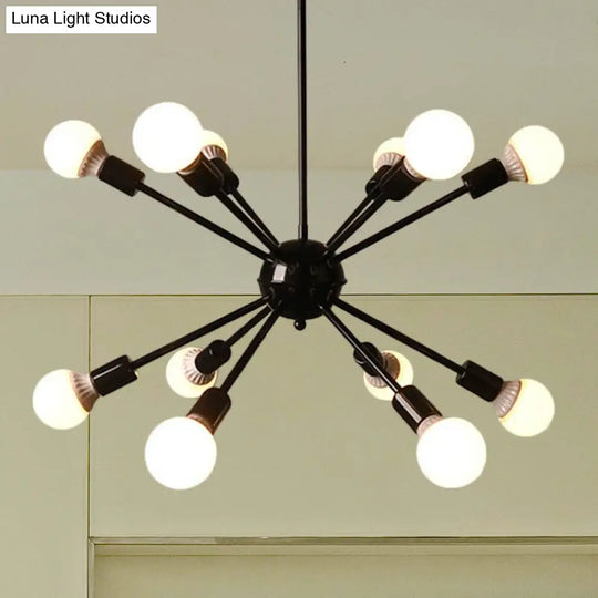 Industrial Black Starburst Chandelier Lighting - 12 Bulb Ceiling Light For Restaurants With