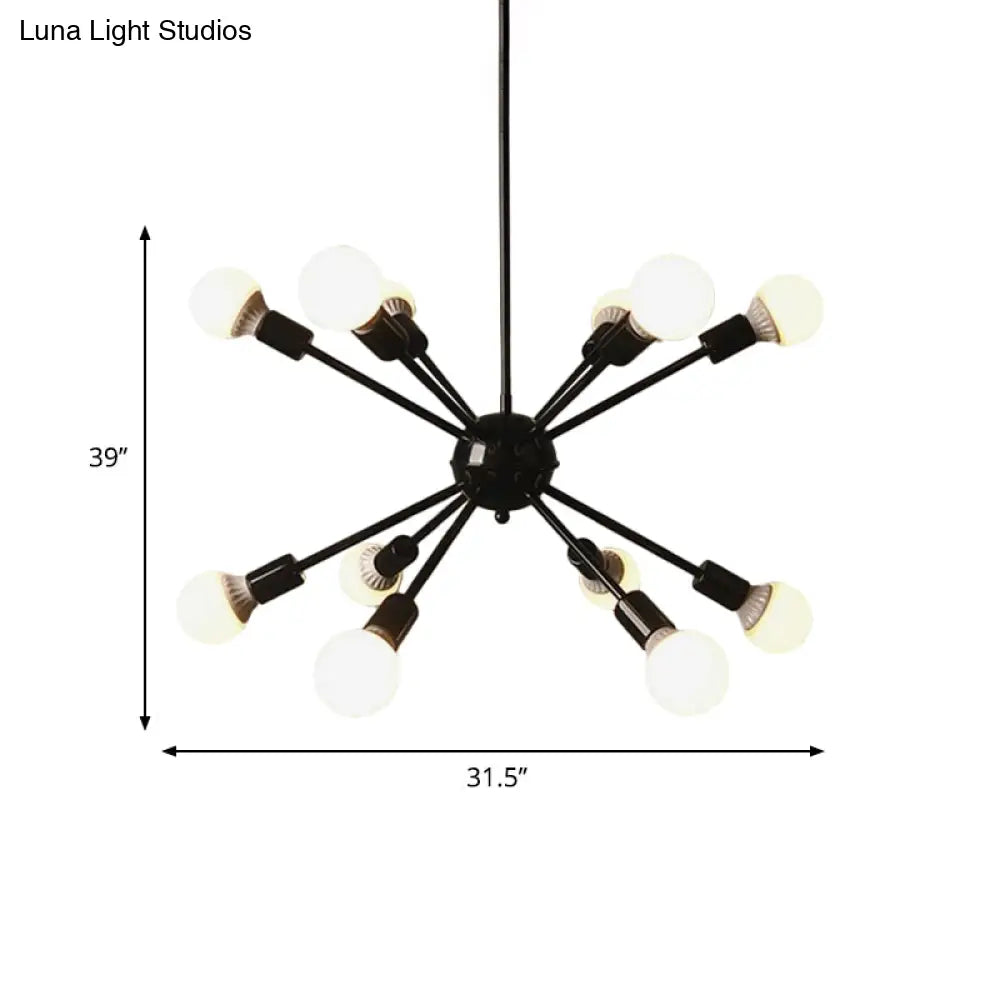 Industrial Black Starburst Chandelier Lighting - 12 Bulbs Adjustable Cord Ideal For Restaurants