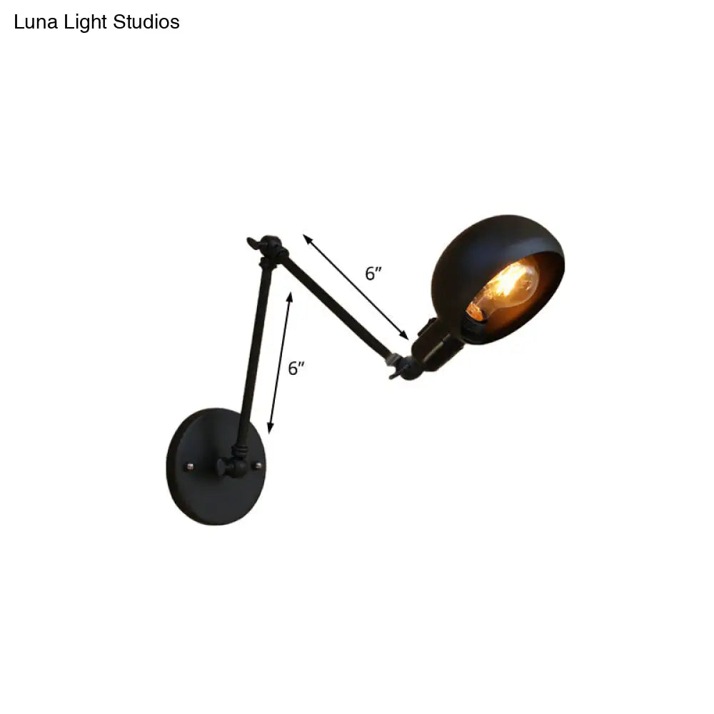 Industrial Black Swing Arm Wall Sconce With Bowl Shade - Metal Lighting For Study Room