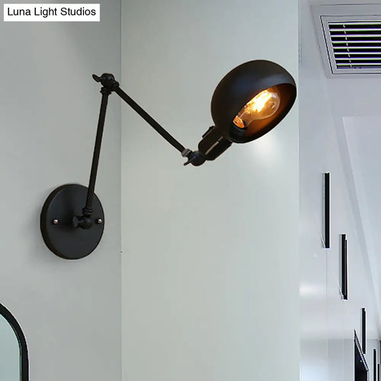 Industrial Black Swing Arm Wall Sconce With Bowl Shade - Metal Lighting For Study Room