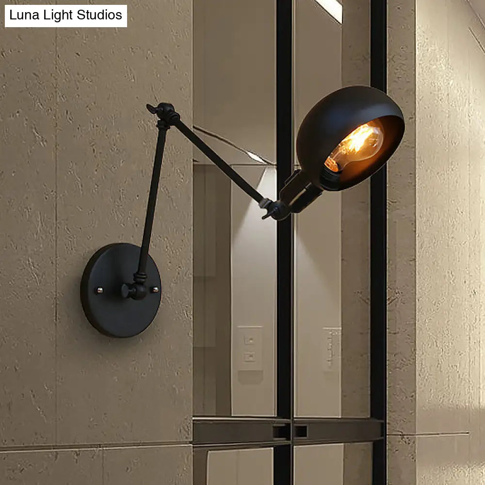 Industrial Black Swing Arm Wall Sconce With Bowl Shade - Metal Lighting For Study Room