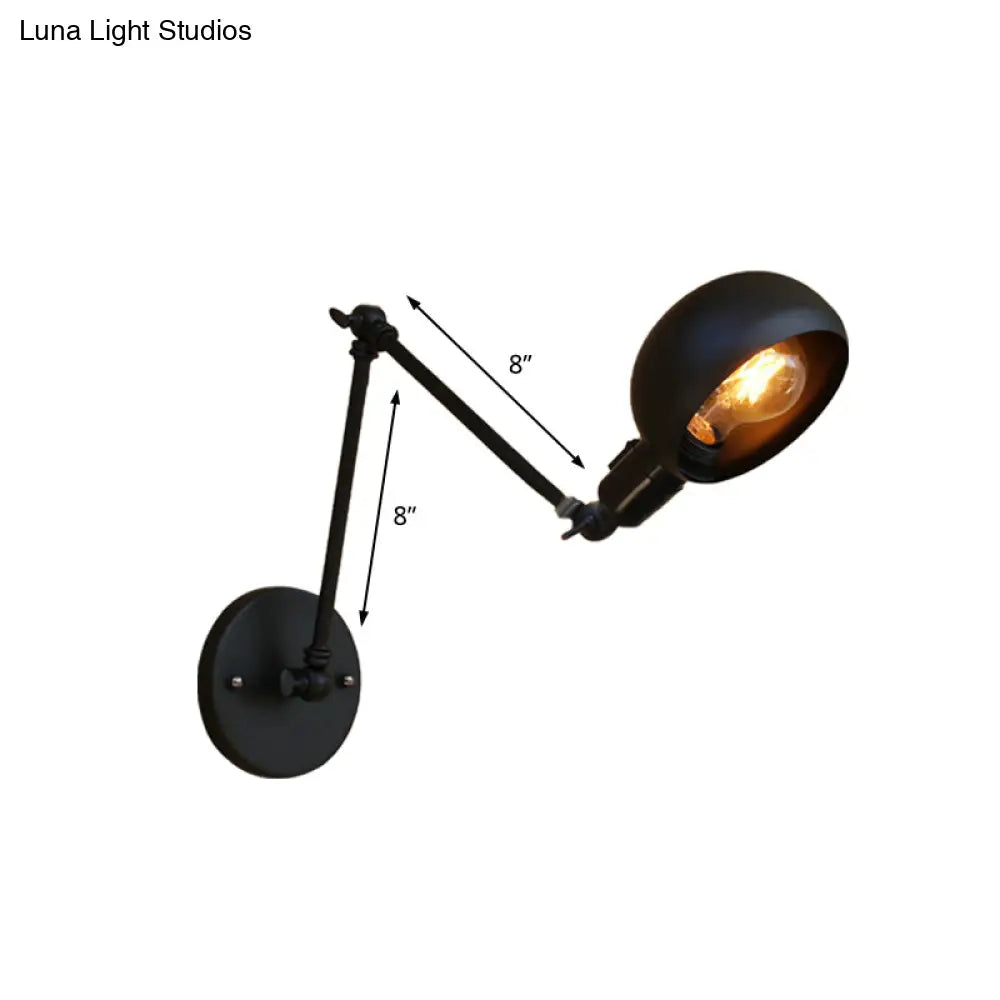 Industrial Black Swing Arm Wall Sconce With Bowl Shade - Metal Lighting For Study Room