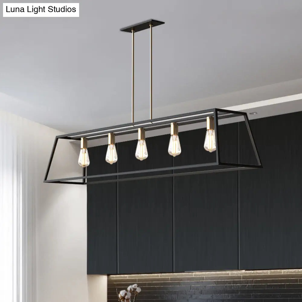 Industrial Black Trapezoid Island Light: 5-Bulb Metal Fixture For Dining Room Ceiling Suspension