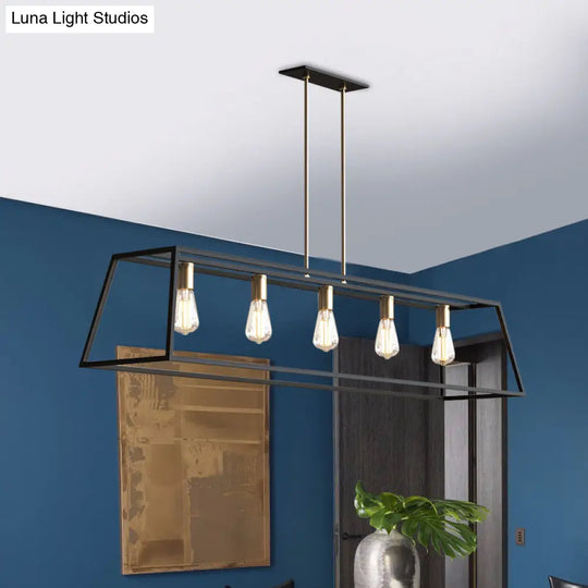 Industrial Black Trapezoid Island Light: 5-Bulb Metal Fixture For Dining Room Ceiling Suspension