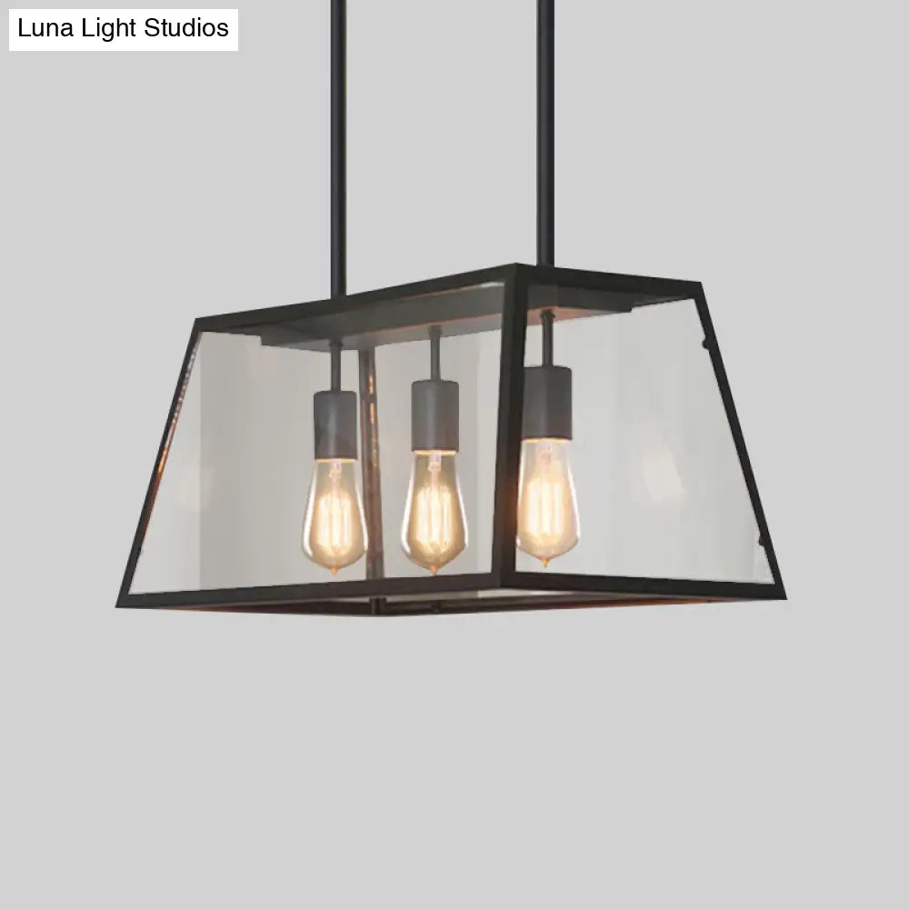 Industrial Black Trapezoid Kitchen Island Light With 3 Clear Glass Bulbs