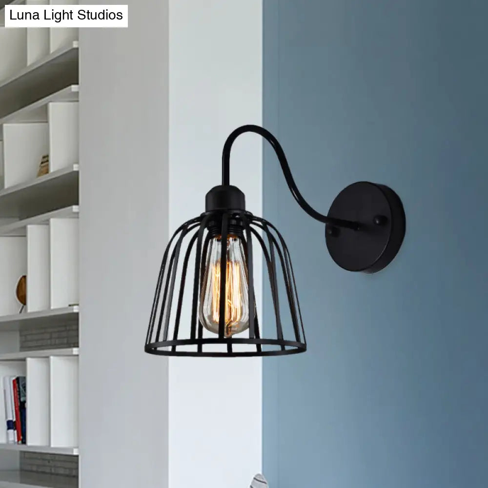 Industrial Black Wall Lamp With Gooseneck Arm And Metallic Cage - Perfect Bedside Mount Light