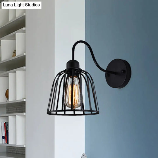 Industrial Black Wall Lamp With Gooseneck Arm And Metallic Cage - Perfect Bedside Mount Light