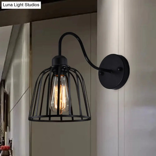 Industrial Black Wall Lamp With Gooseneck Arm And Metallic Cage - Perfect Bedside Mount Light