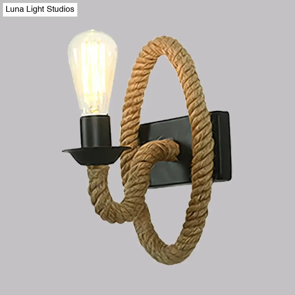 Industrial Black Wall Light With Roped Gooseneck Arm And Circle Mount For Balcony