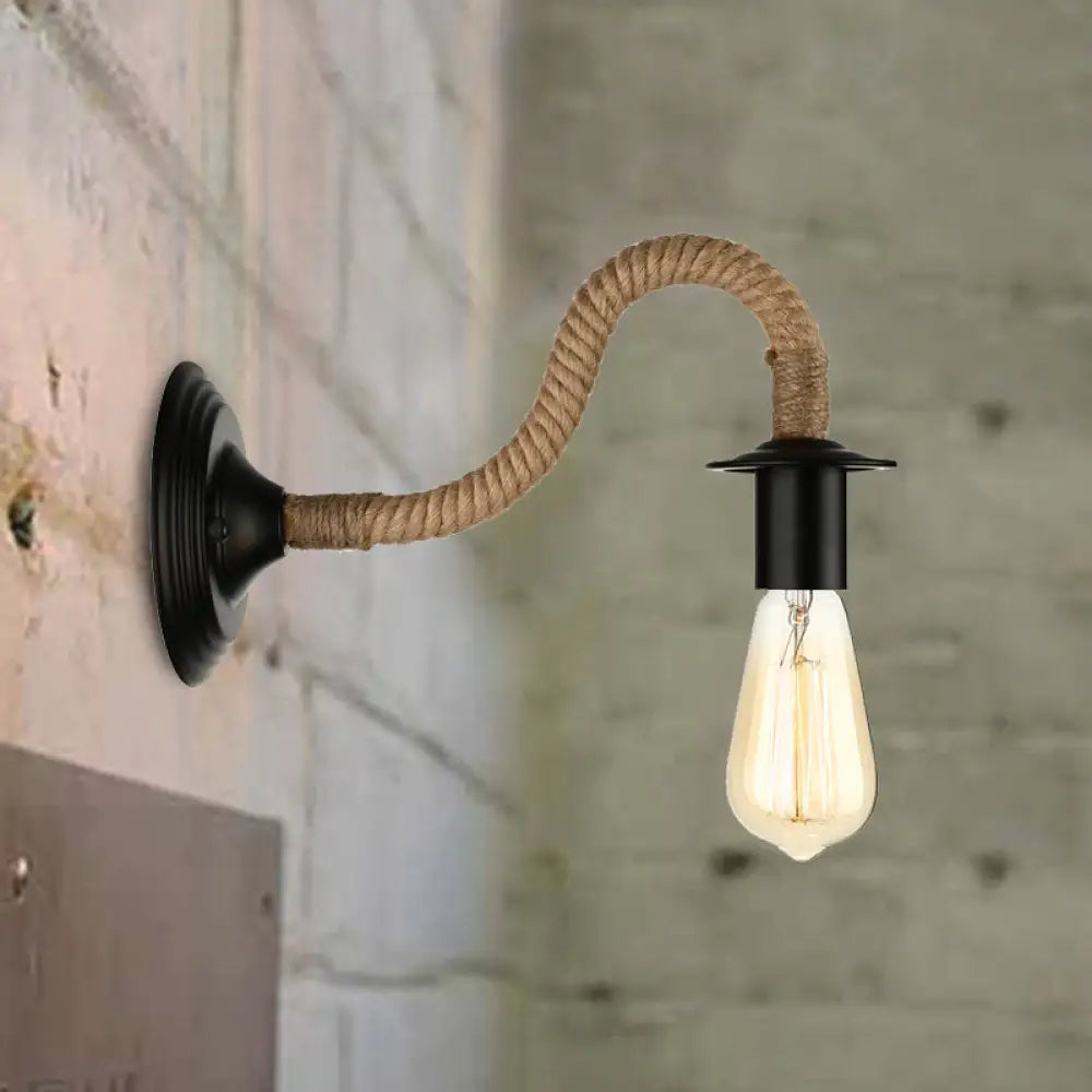 Industrial Black Wall Light With Roped Gooseneck Arm And Circle Mount For Balcony /