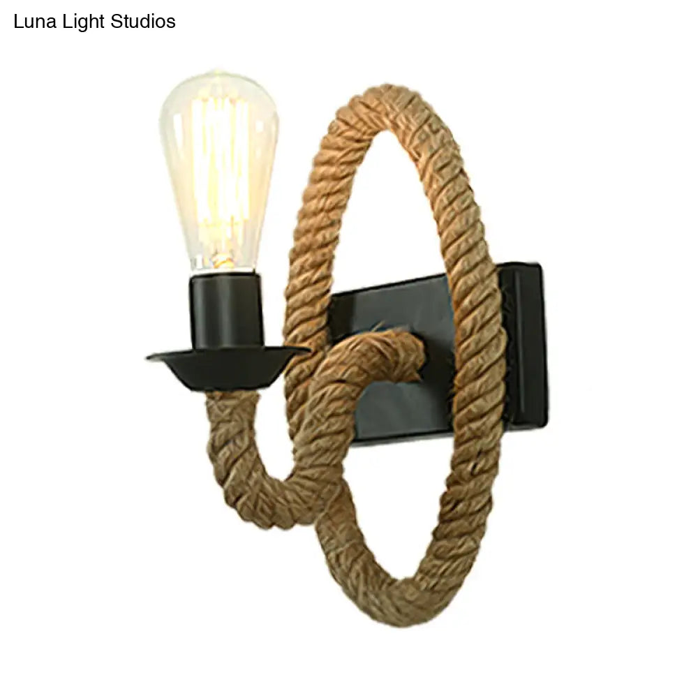 Industrial Black Wall Light With Roped Gooseneck Arm And Circle Mount For Balcony