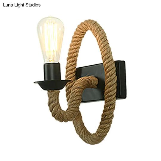 Industrial Black Wall Light With Roped Gooseneck Arm And Circle Mount For Balcony