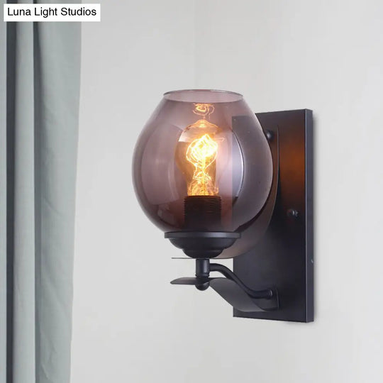 Industrial Black Wall Sconce With Grey Glass Orb Shade - Coffee Shop Light Fixture