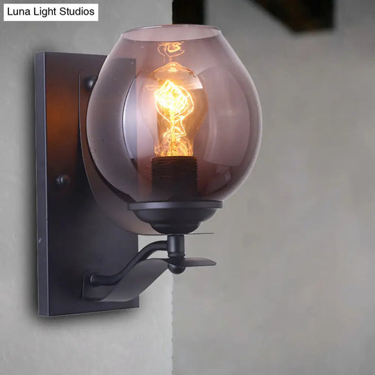 Industrial Black Wall Sconce With Grey Glass Orb Shade - Coffee Shop Light Fixture