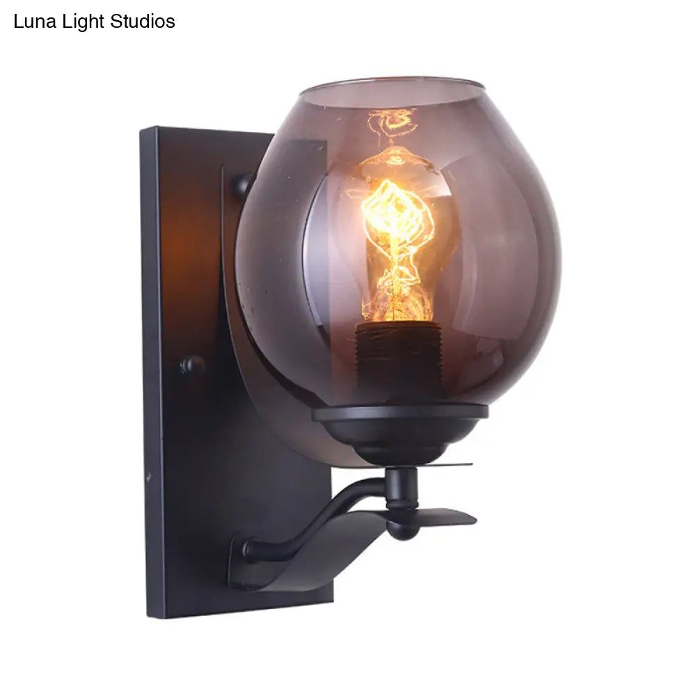 Industrial Black Wall Sconce With Grey Glass Orb Shade - Coffee Shop Light Fixture