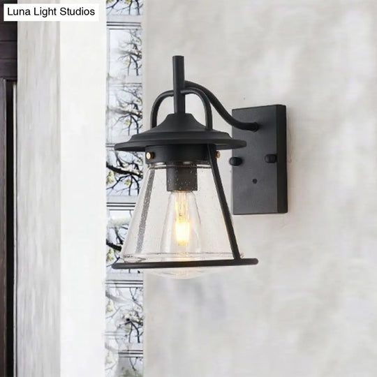 Industrial Black Wall Sconce With Seeded Glass And Cone Shade - Outdoor Lighting