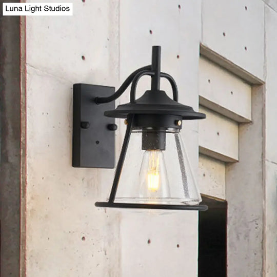 Industrial Black Wall Sconce With Seeded Glass And Cone Shade - Outdoor Lighting