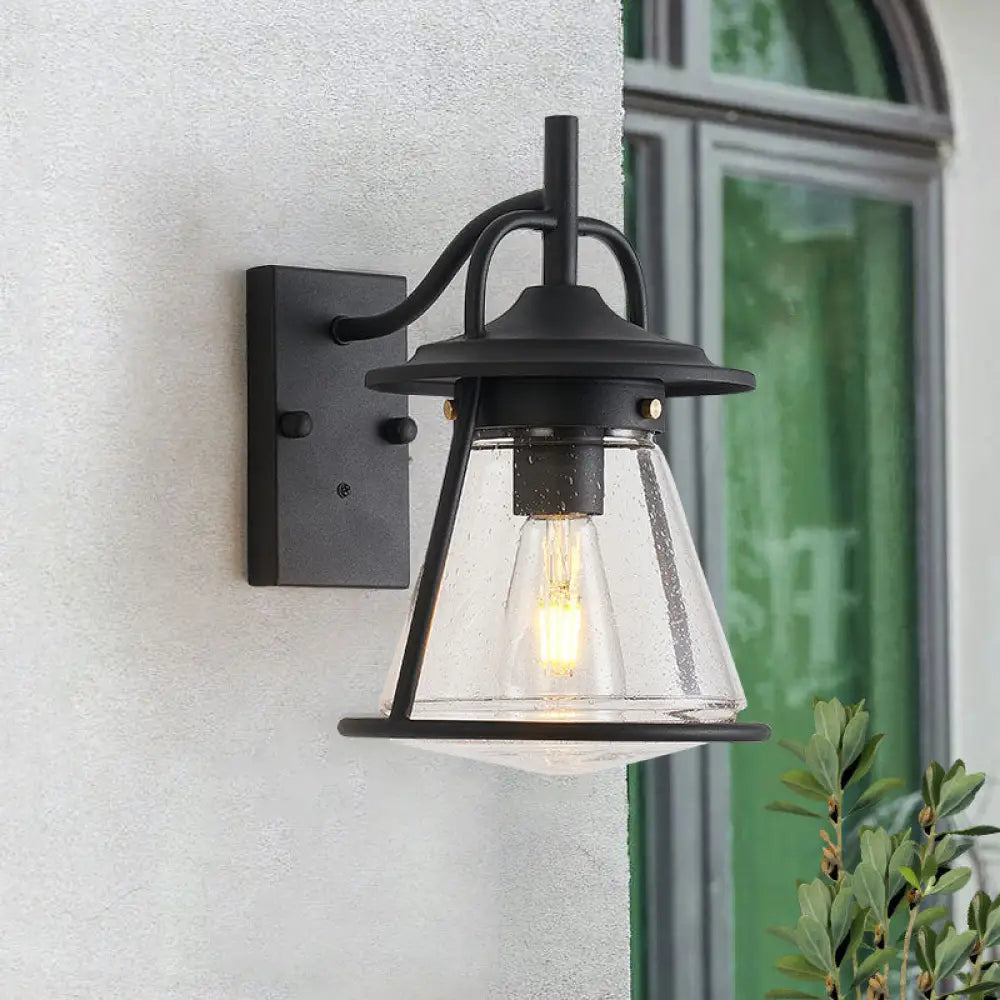 Industrial Black Wall Sconce With Seeded Glass And Cone Shade - Outdoor Lighting