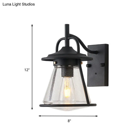 Industrial Black Wall Sconce With Seeded Glass And Cone Shade - Outdoor Lighting