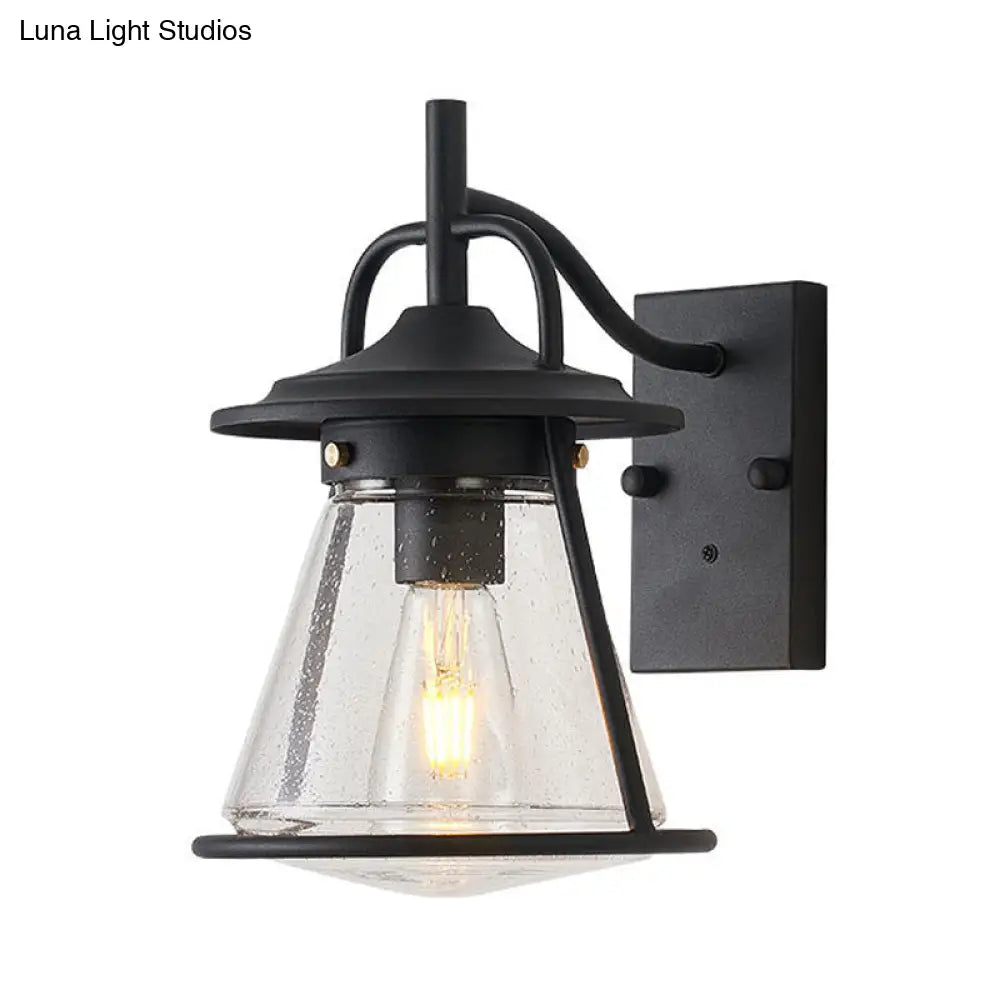 Industrial Black Wall Sconce With Seeded Glass And Cone Shade - Outdoor Lighting