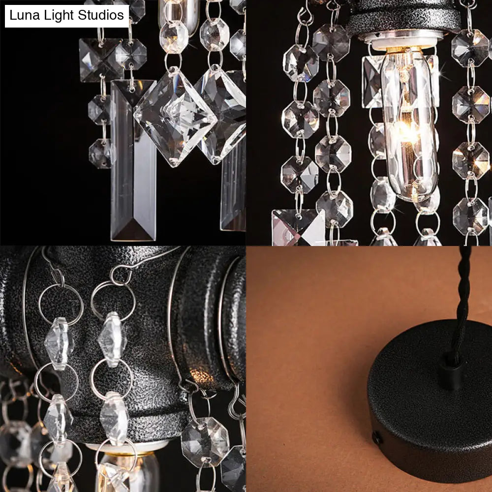 Industrial Black Metal Ceiling Lamp With Crystal For Cafe