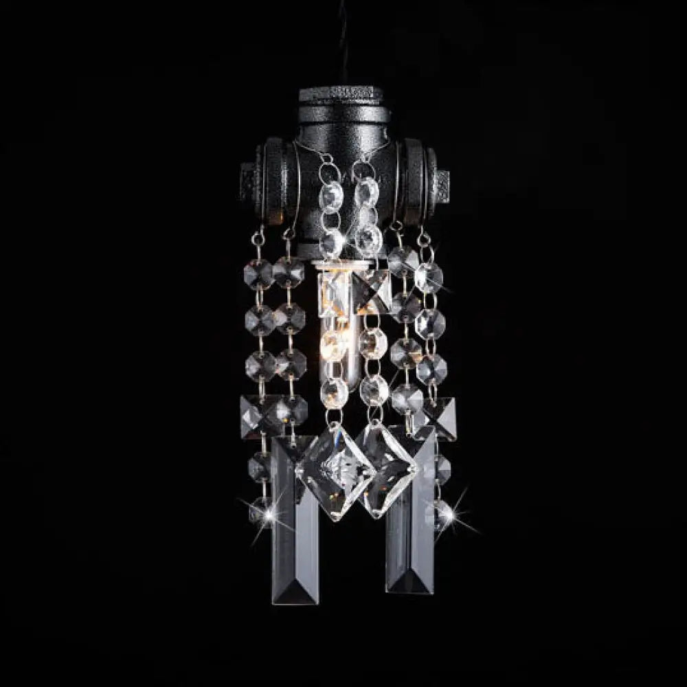 Industrial Black Water Pipe Suspension Lamp With Crystal Accent For Cafe Ceiling