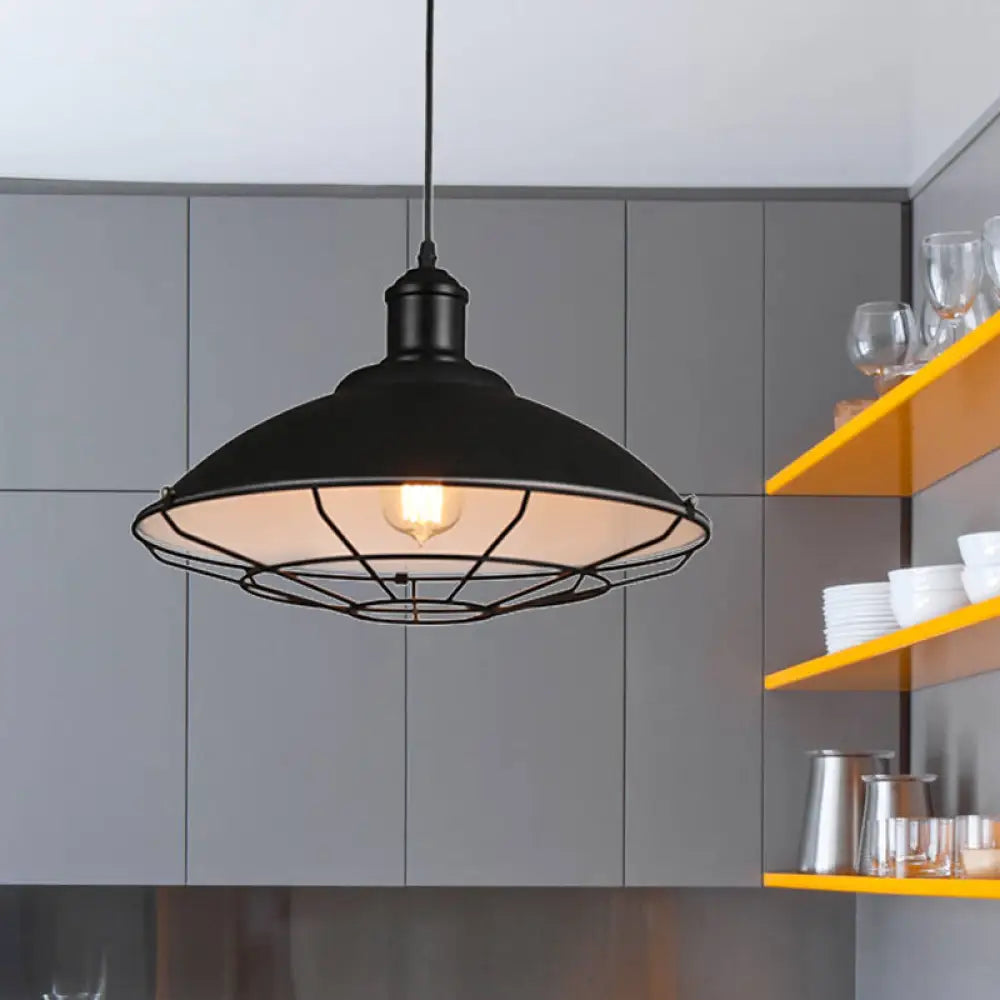 Industrial Black/White Iron Pendant Light Fixture - 1-Light Wire Cage Hanging Design With Saucer