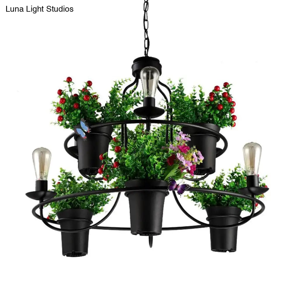 Industrial Black/White Metal Led Plant Pendant Light - 6 Lights 1/2 Tiers. Perfect For Restaurants.