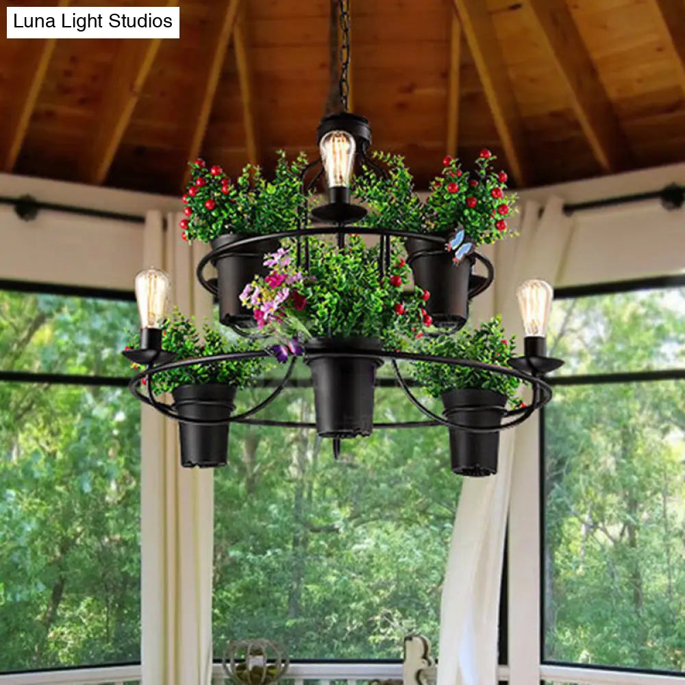 Industrial Metal Led Plant Pendant Chandelier - 6 Lights 1/2 Tiers Black/White | Perfect For