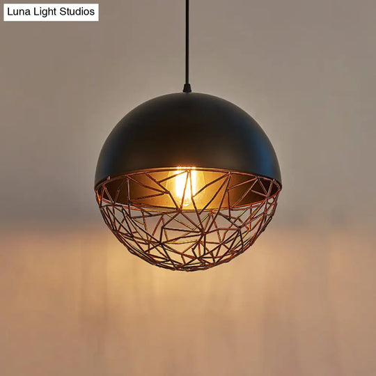 Industrial Black Wire Cage Ceiling Light - Iron Domed Hanging Pendant For Dining Room 1-Light Down