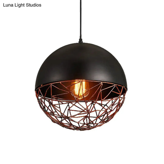 Iron Hanging Ceiling Light With Wire Cage For Dining Room Down Lighting In Black