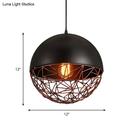 Iron Hanging Ceiling Light With Wire Cage For Dining Room Down Lighting In Black