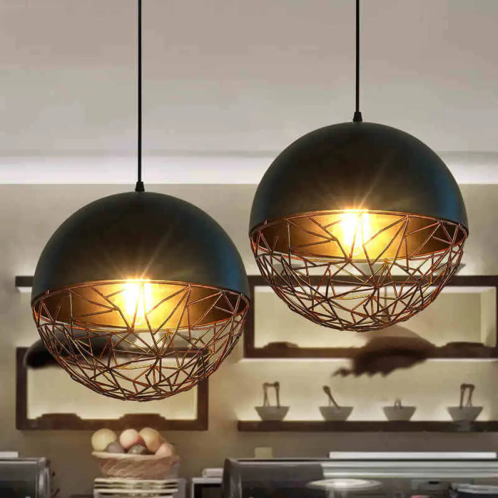 Industrial Black Wire Cage Ceiling Light - Iron Domed Hanging Pendant For Dining Room 1-Light Down