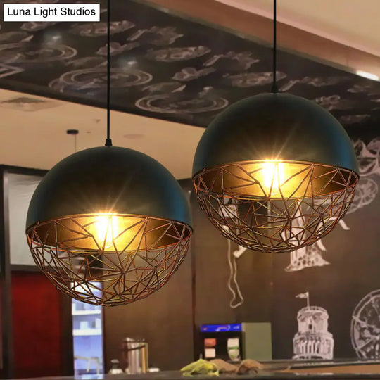 Industrial Black Wire Cage Ceiling Light - Iron Domed Hanging Pendant For Dining Room 1-Light Down