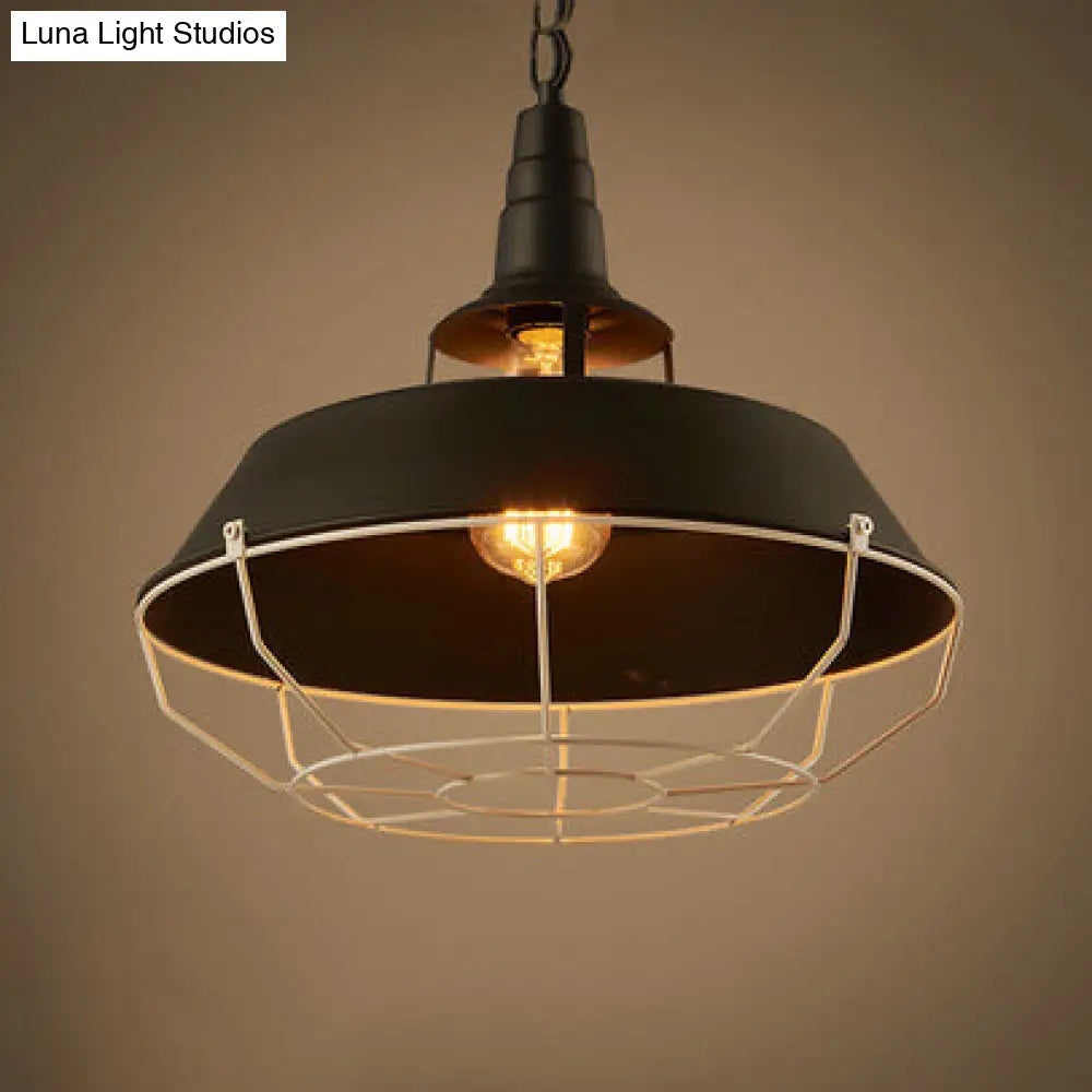 Barn Metal Hanging Light - Industrial 1 Head Warehouse Suspended Lamp With Wire Cage Shade (Black)