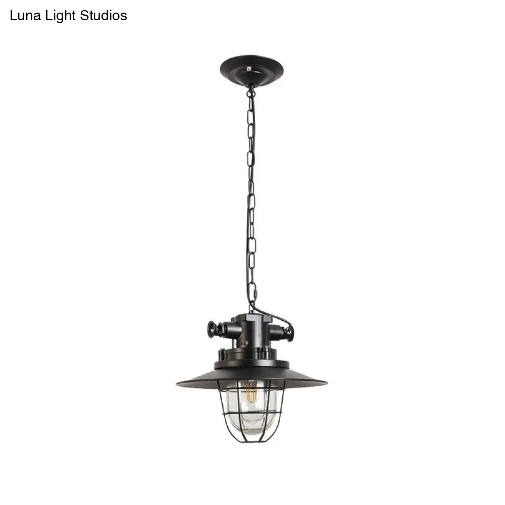 Industrial Black Metal Pendant Light With Clear Glass Shade