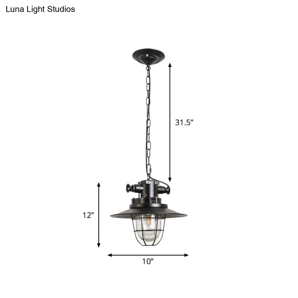 Industrial Black Wire Cage Pendant Light With Clear Glass Shade